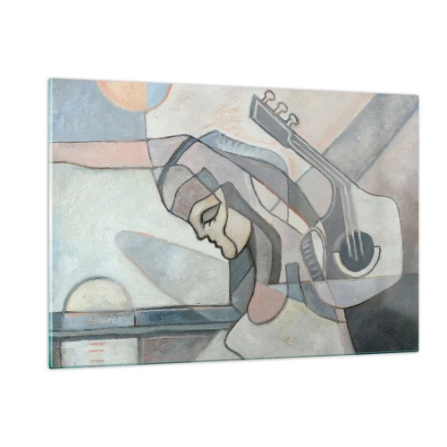 Obraz na szkle - Artystyczna postać kobiety z gitarą w pastelowych barwach - 120x80cm - We władzy muzyki - Nowoczesna dekoracja ścienna do salonu, kuchni i sypialni ARTTOR