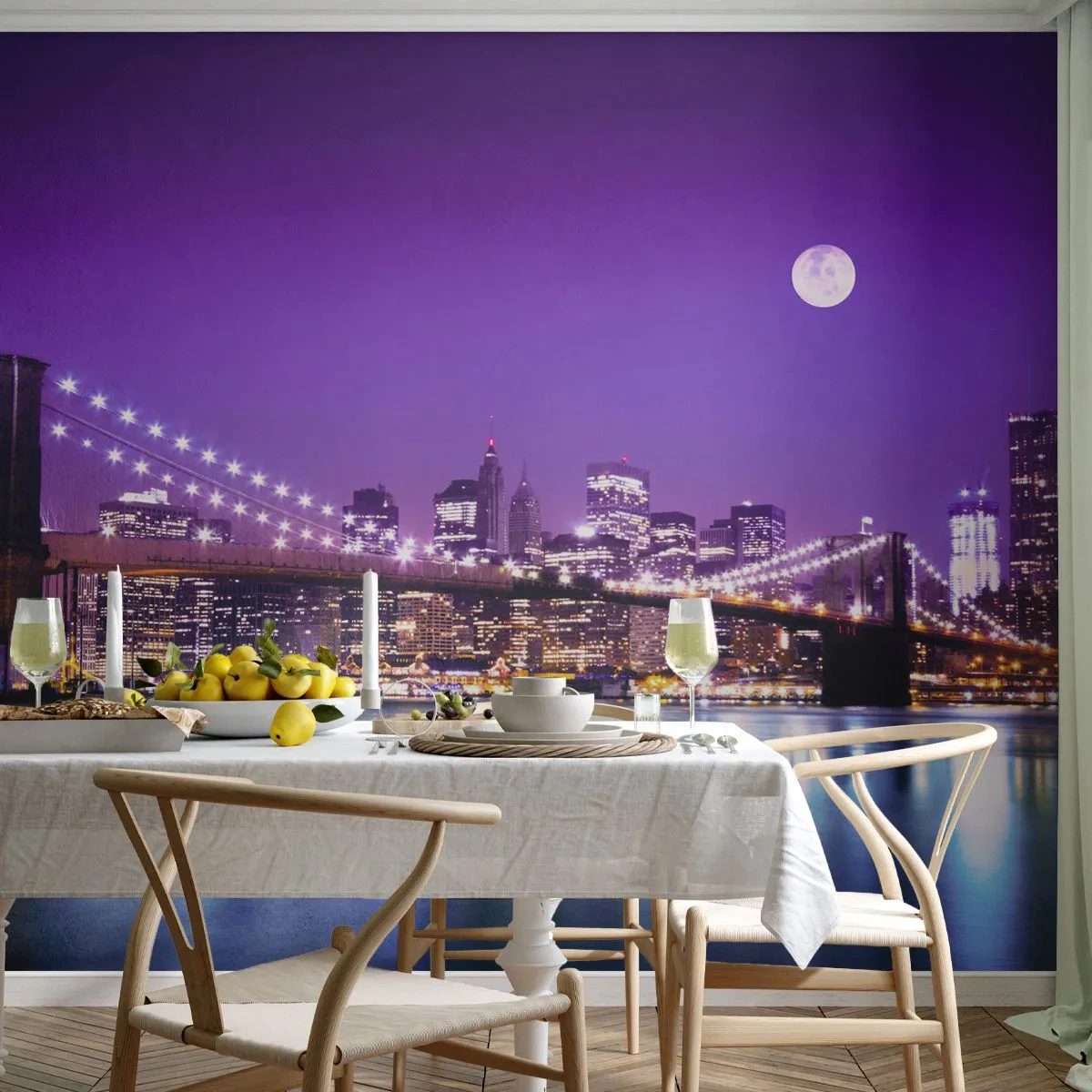 Fototapeta Samoprzylepna Deluxe Sticker - Światła wielkiego miasta we fiolecie - Miasto, Nowy Jork, Most Brooklin Bridge - 250x175 cm