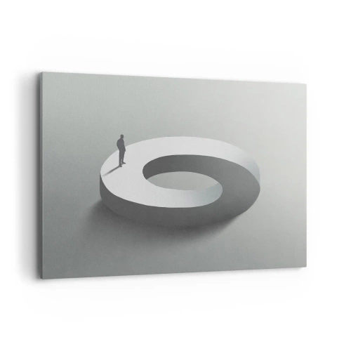 Obraz na płótnie - Człowiek na szarej, abstrakcyjnej konstrukcji - 100x70cm - I bądź tu mądry - Nowoczesna dekoracja ścienna do salonu, kuchni i sypialni ARTTOR
