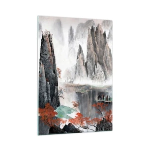 Obraz na szkle - Malowniczy krajobraz górski z mglistymi szczytami i czerwonymi drzewami - 50x70cm - Potężni opiekunowie - Nowoczesna dekoracja ścienna do salonu, kuchni i sypialni ARTTOR