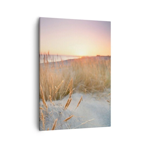 Obraz na płótnie - Plaża z wydmami i trawami o zachodzie słońca - 50x70cm - Bałtycka kołysanka - Nowoczesna dekoracja ścienna do salonu, kuchni i sypialni ARTTOR