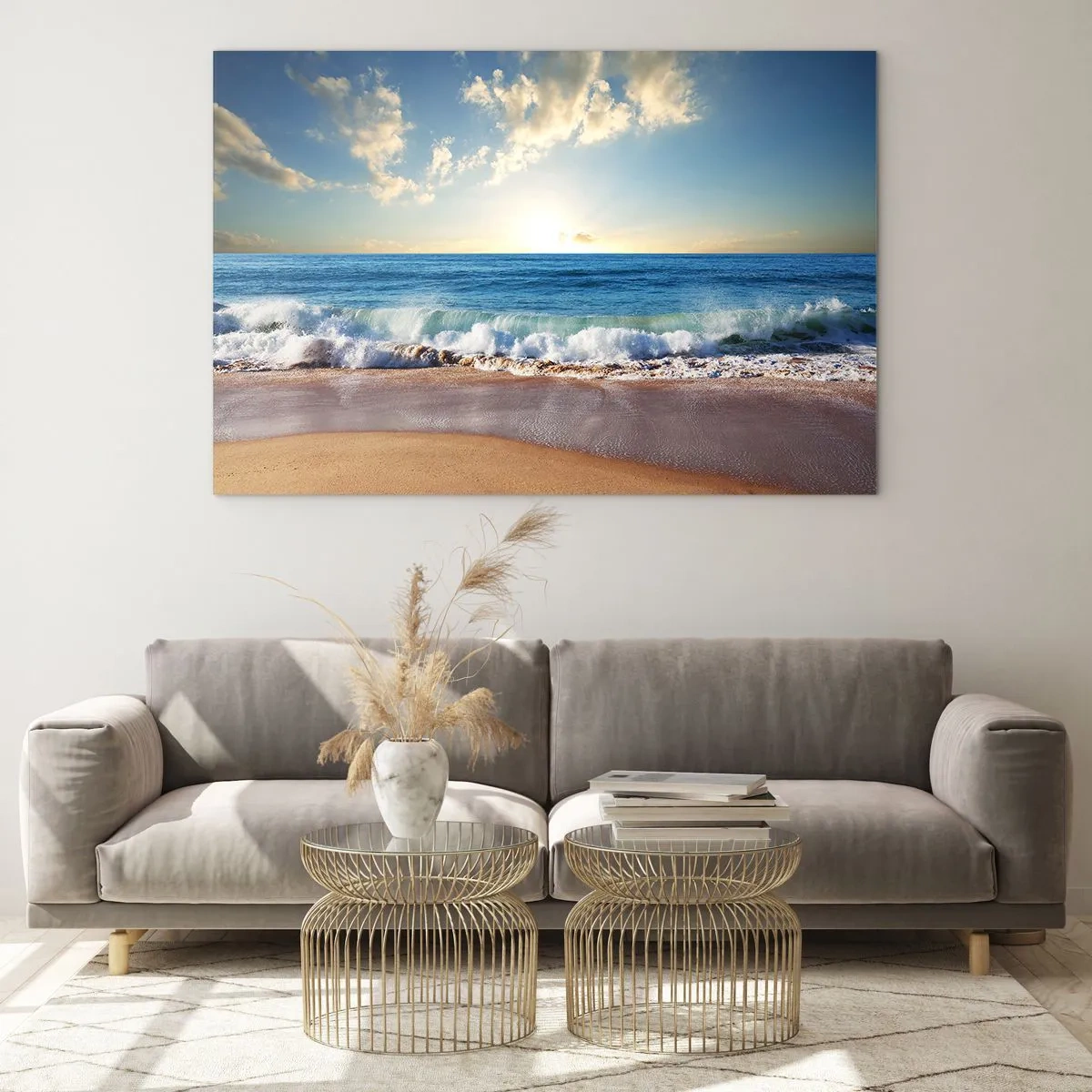 Obraz na szkle - Fale oceanu rozbijające się o złocistą plażę o wschodzie - 120x80cm - Ruch i bezruch zarazem - Nowoczesna dekoracja ścienna do salonu, kuchni i sypialni ARTTOR