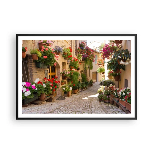 Plakat w czarnej ramie - Uliczka z kwiatami w donicach i kamiennymi ścianami - 100x70cm - W kwiatów powodzi - Nowoczesna dekoracja ścienna do salonu i sypialni ARTTOR