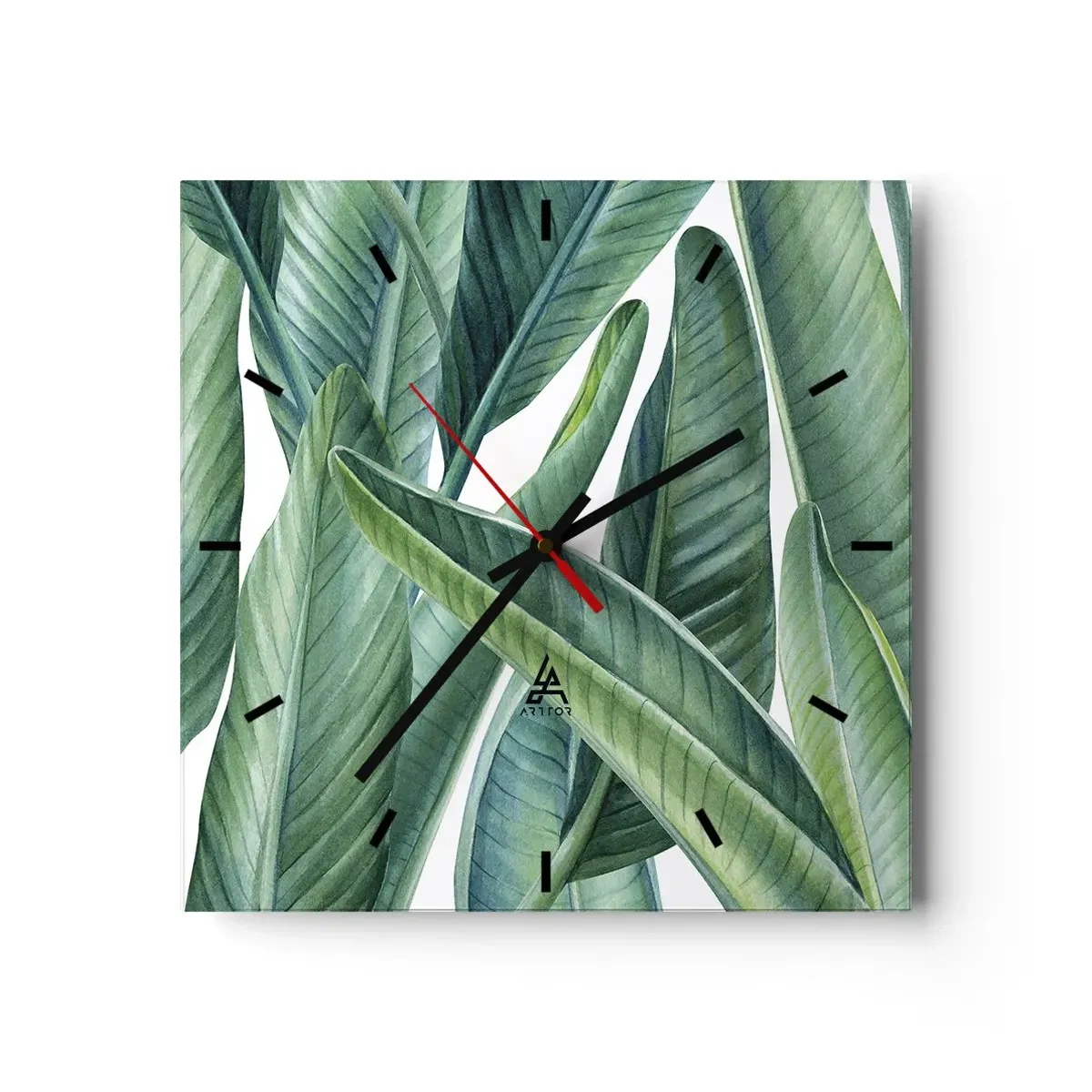 Zegar ścienny - Zielone liście w minimalistycznym, botanicznym stylu - 30x30cm - Zieleń sama w sobie - Nowoczesna dekoracja ścienna do salonu i sypialni ARTTOR