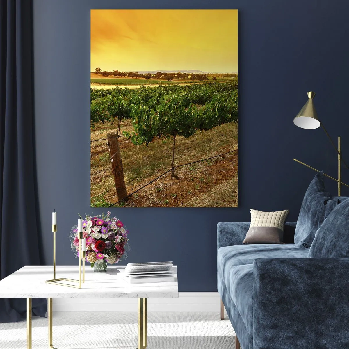 Obraz na szkle - Winorośl w ciepłym świetle zachodzącego słońca - 50x70cm - Napić się słońca - Nowoczesna dekoracja ścienna do salonu, kuchni i sypialni ARTTOR