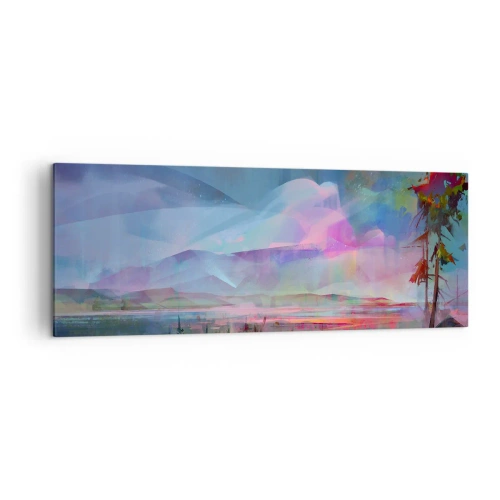 Obraz na płótnie - Pejzaż górski z kolorowym niebem i wioską - 140x50cm - Pod życzliwym niebem - Nowoczesna dekoracja ścienna do salonu i sypialni ARTTOR