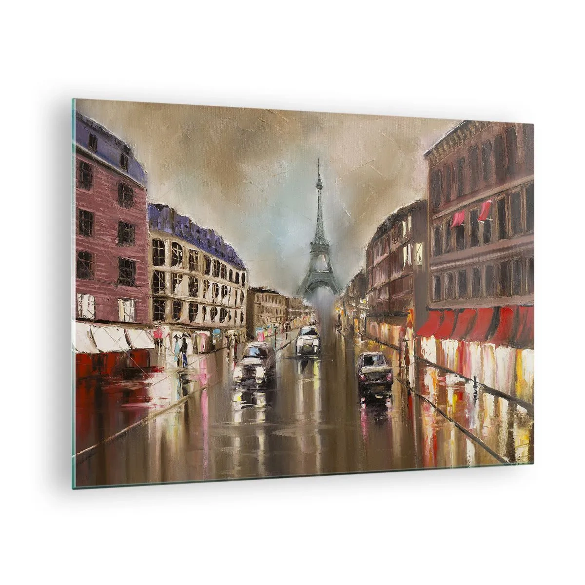 Obraz na szkle - Wieczorna ulica Paryża z widokiem na wieżę Eiffla - 70x50cm - Liczy się tylko ona - Nowoczesna dekoracja ścienna do salonu i sypialni ARTTOR