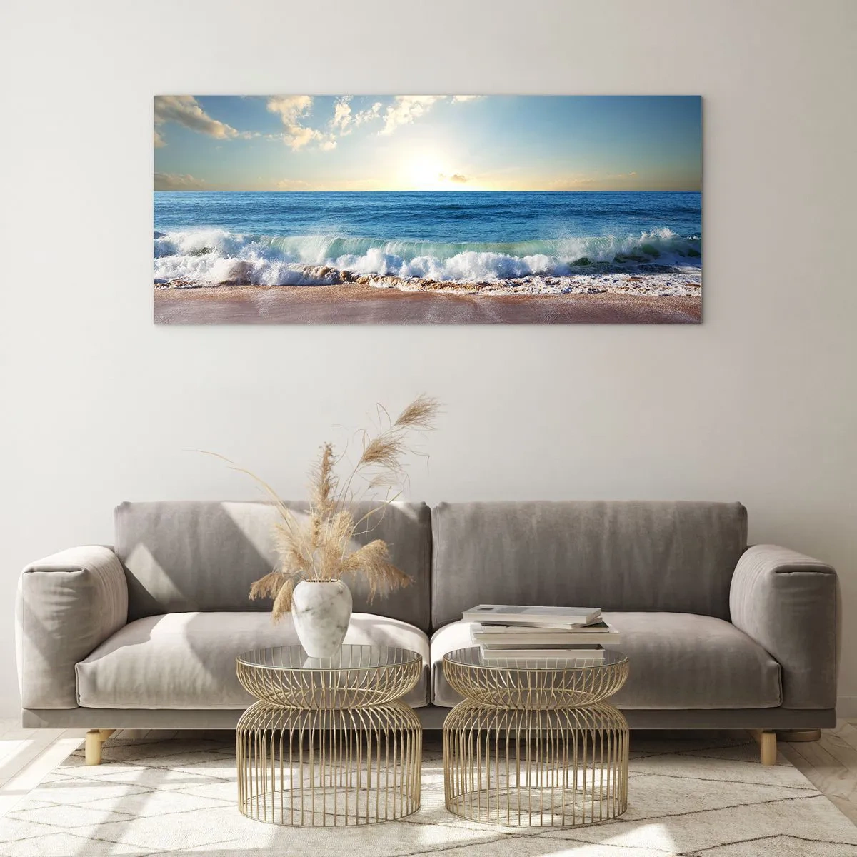 Obraz na szkle - Słoneczna plaża z falami rozbijającymi się o brzeg - 160x50cm - Ruch i bezruch zarazem - Nowoczesna dekoracja ścienna do salonu i sypialni ARTTOR
