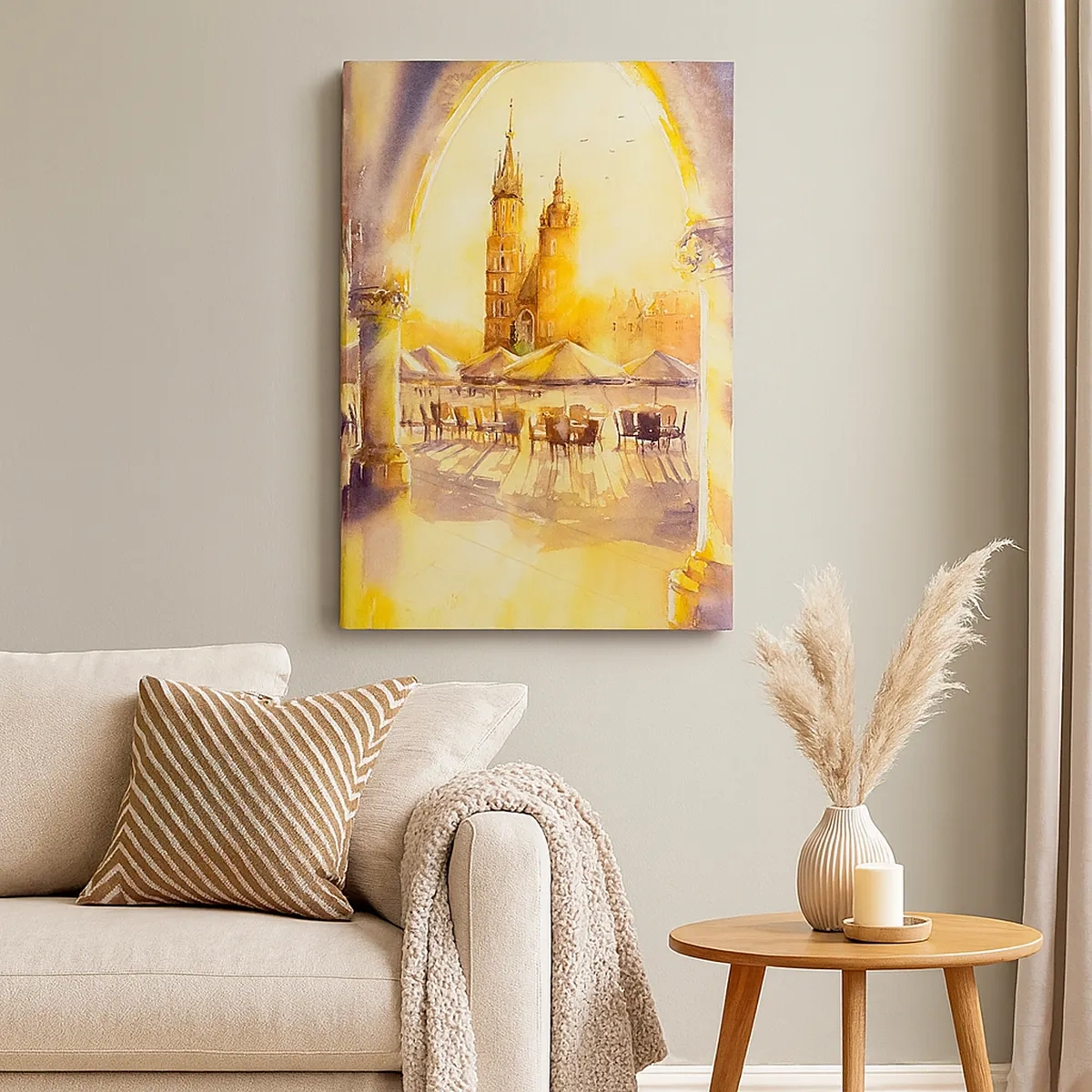 Obraz na płótnie - Akwarelowy widok na krakowski rynek o wschodzie słońca z perspektywy Sukiennic - 50x70cm - Wschód nad krakowskim rynkiem - Nowoczesna dekoracja ścienna do salonu, kuchni i sypialni ARTTOR