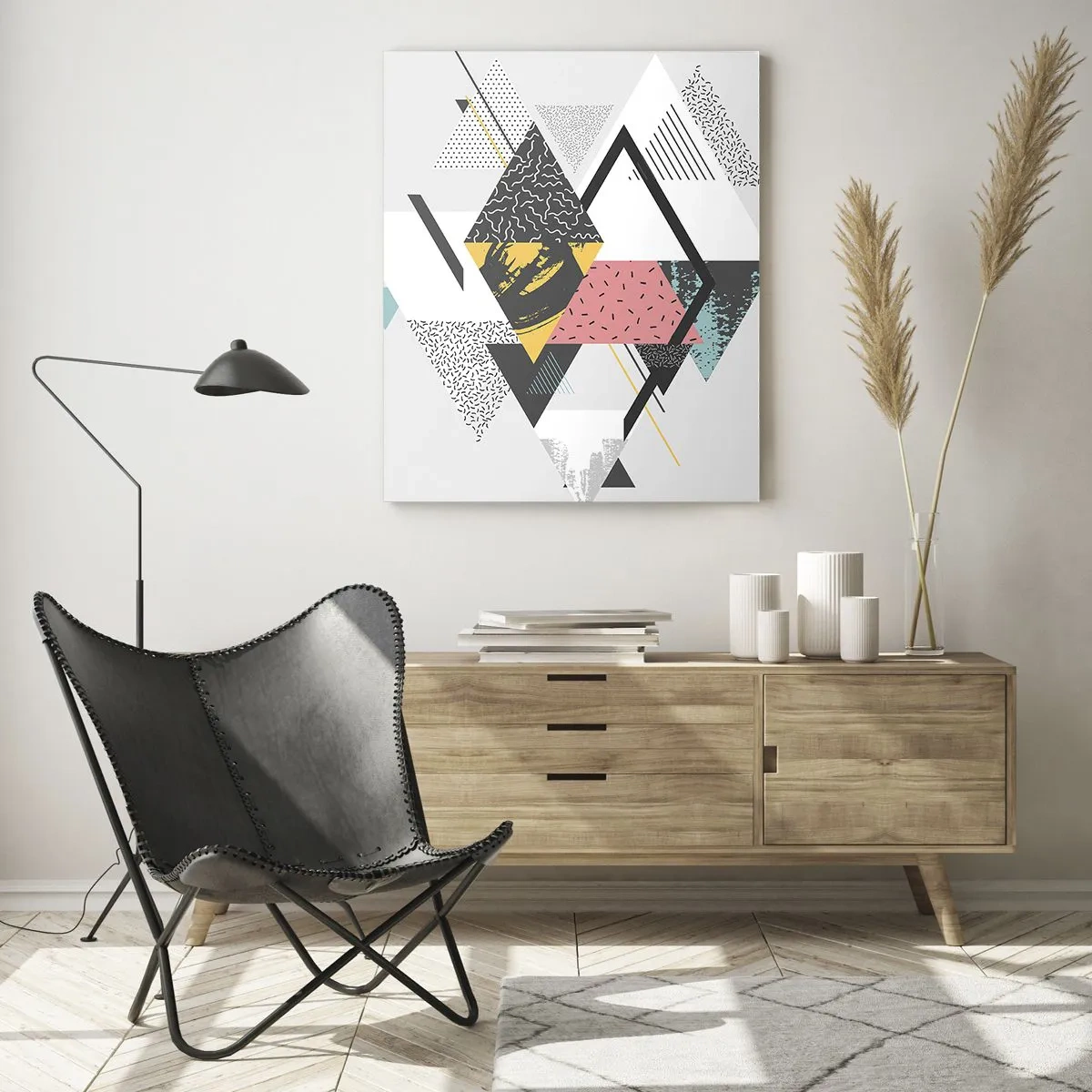 Obraz na szkle - Abstrakcyjna kompozycja geometryczna z trójkątami i rombami - 50x70cm - Wariacja na trójkąt i romb - Nowoczesna dekoracja ścienna do salonu, kuchni i sypialni ARTTOR