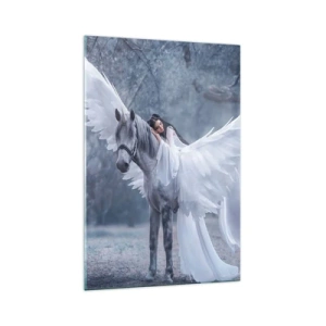 Obraz na szkle - Kobieta na białym koniu ze skrzydłami w magicznym lesie - 70x100cm - Natchniona chwila - Nowoczesna dekoracja ścienna do salonu i sypialni ARTTOR
