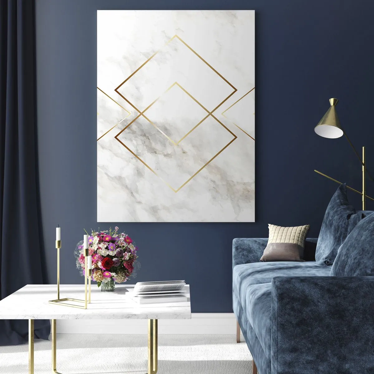 Obraz na szkle - Geometryczne złote romby na tle białego marmuru - 50x70cm - Widok na nieskończoność - Nowoczesna dekoracja ścienna do salonu, kuchni i sypialni ARTTOR