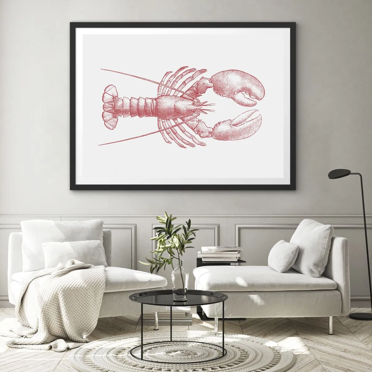 Plakat w czarnej ramie - Rysunek homara w czerwonym odcieniu - 70x50cm - Homar godny Homera - Nowoczesna dekoracja ścienna do salonu i sypialni ARTTOR
