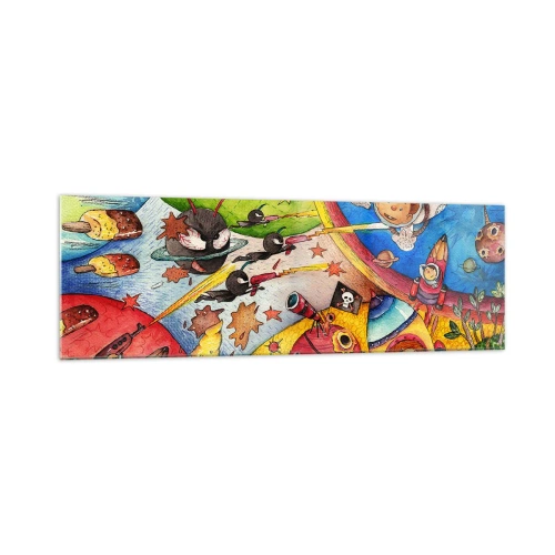 Obraz na szkle - Kolorowa scena kosmiczna pełna dzieci i statków kosmicznych - 160x50cm - Wielka kosmiczna przygoda - Nowoczesna dekoracja ścienna do salonu i sypialni ARTTOR