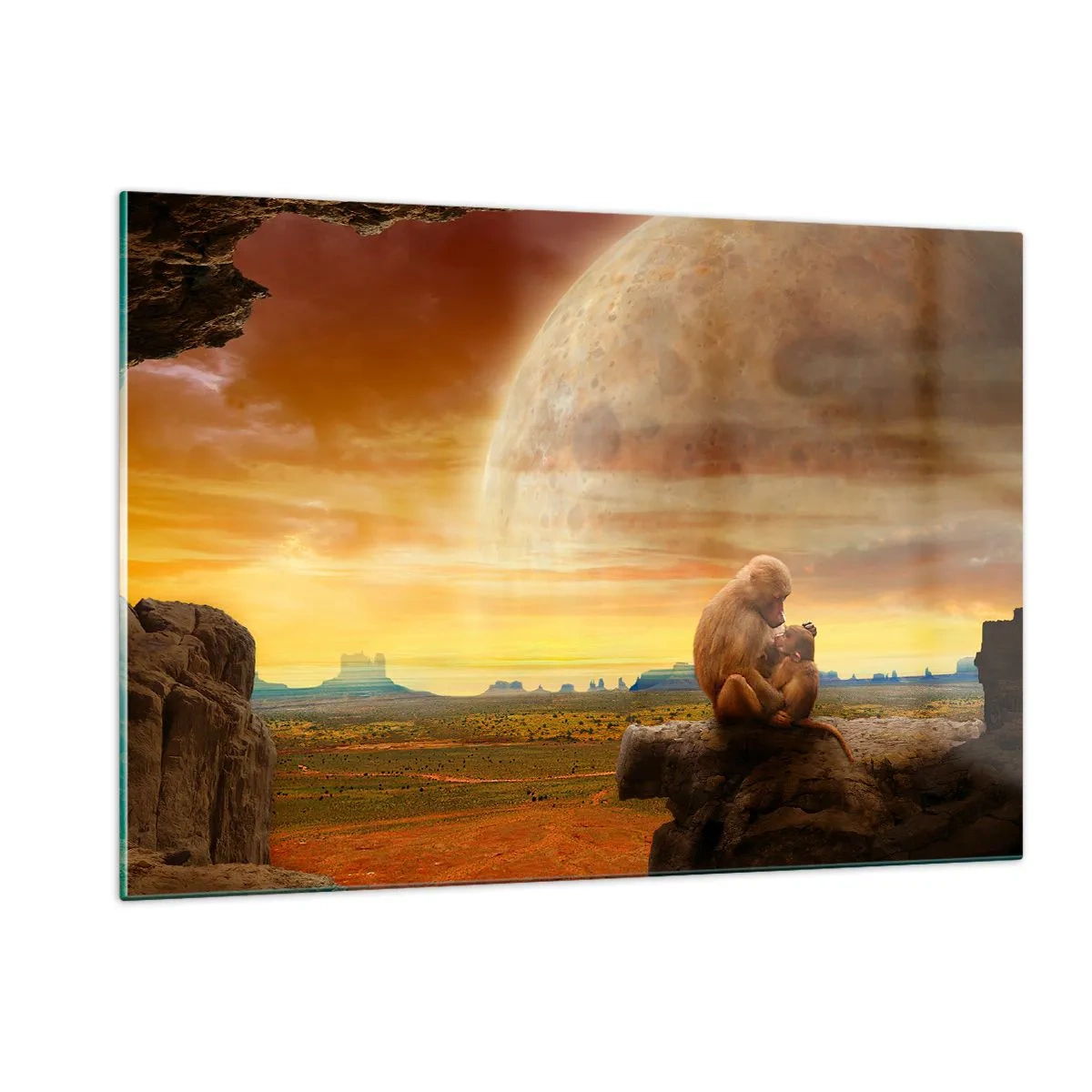 Obraz na szkle - Małpy siedzące na skale na tle ogromnego księżyca - 120x80cm - Miłość wszędzie ta sama - Nowoczesna dekoracja ścienna do salonu, kuchni i sypialni ARTTOR