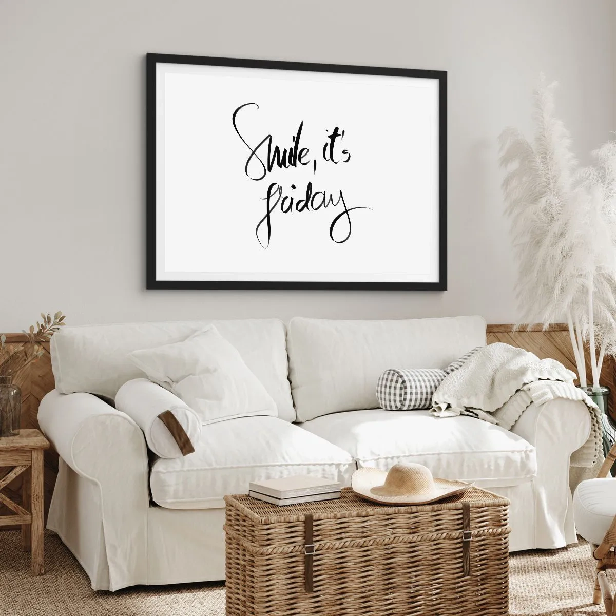 Plakat w czarnej ramie - Czarno-biały napis Smile, it's Friday - 100x70cm - Prawdziwa radość - Nowoczesna dekoracja ścienna do salonu i sypialni ARTTOR
