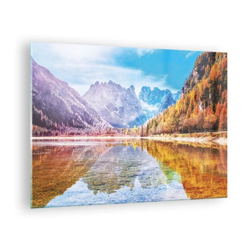 Obraz na szkle - Jesienne góry odbijające się w jeziorze, w otoczeniu kolorowych drzew - 70x50cm - A w górach już jesień - Nowoczesna dekoracja ścienna do salonu i sypialni ARTTOR