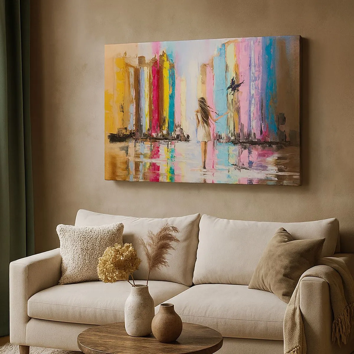 Obraz na płótnie - Kolorowe miasto i kobieta w białej sukni z ptakiem - 70x50cm - Idż za mną - Nowoczesna dekoracja ścienna do salonu i sypialni ARTTOR