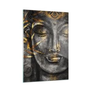 Obraz na szkle - Złoty wizerunek Buddy na tle bambusa - 50x70cm - Poczuj spokój - Nowoczesna dekoracja ścienna do salonu, kuchni i sypialni ARTTOR