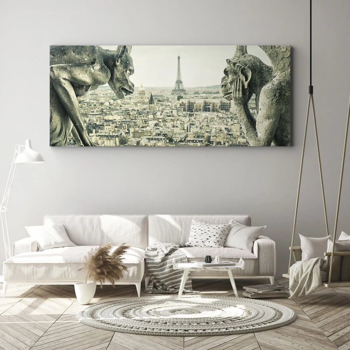 Obraz na płótnie - Gargulce z widokiem na panoramę Paryża i wieżę Eiffla - 160x50cm - Paryskie pogaduchy - Nowoczesna dekoracja ścienna do salonu i sypialni ARTTOR