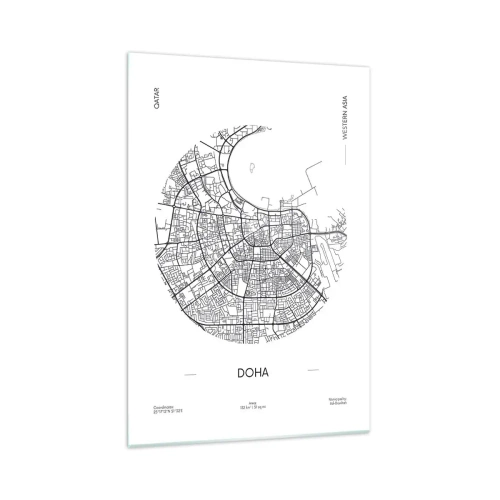 Obraz na szkle - Minimalistyczna mapa Dohy w czarno-białej kolorystyce z precyzyjnymi detalami - 70x100cm - Anatomia Dohy - Nowoczesna dekoracja ścienna do salonu i sypialni ARTTOR