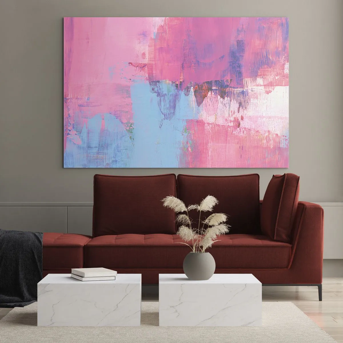 Obraz na szkle - Energetyczna abstrakcja w odcieniach różu i błękitu - 70x50cm - Róż, błękit i szczypta światła - Nowoczesna dekoracja ścienna do salonu i sypialni ARTTOR