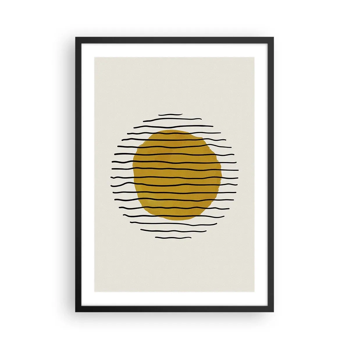 Plakat w czarnej ramie - Minimalistyczna grafika z żółtym okręgiem i czarnymi liniami - 50x70cm - Abstrakcja drżąca od żaru - Nowoczesna dekoracja ścienna do salonu i sypialni ARTTOR