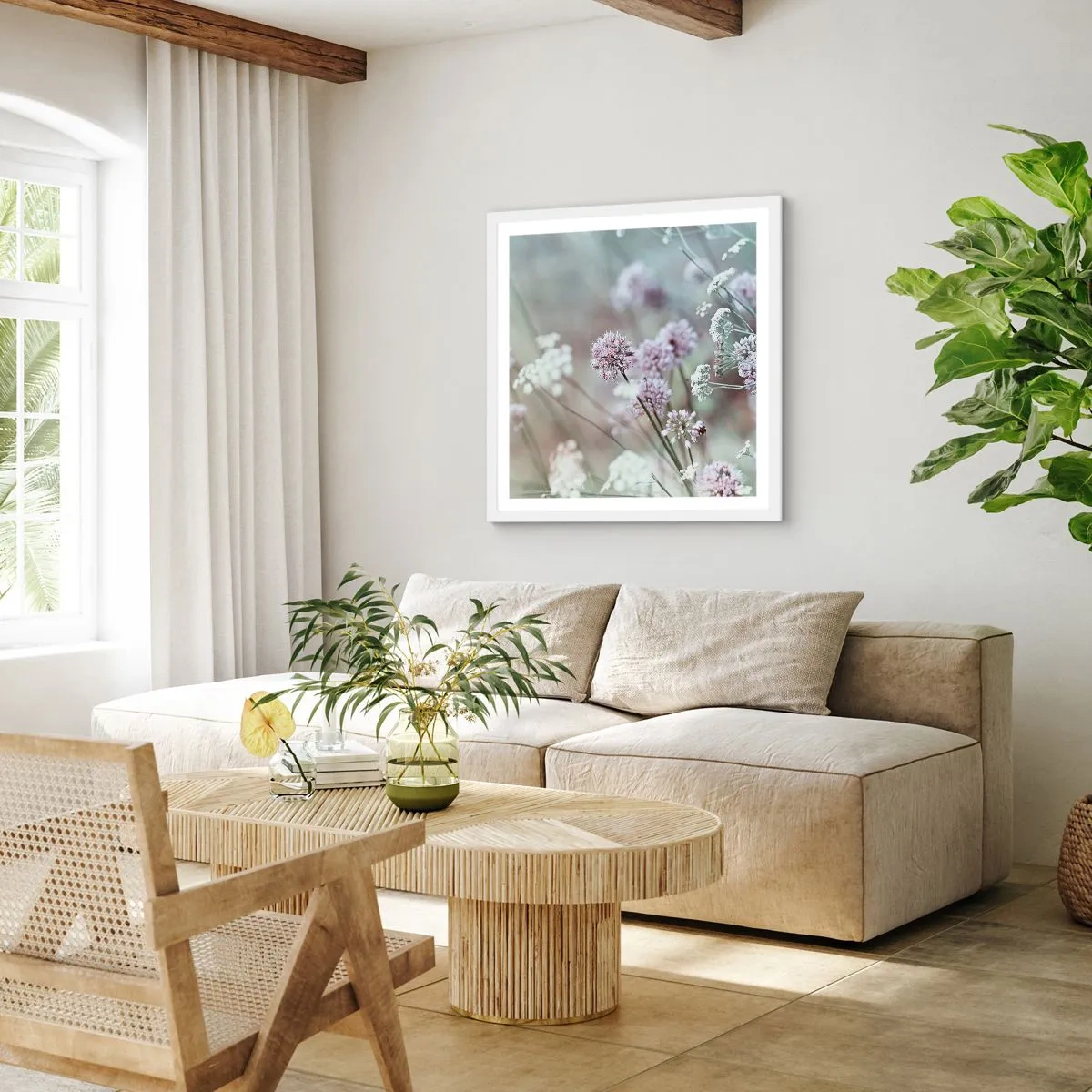 Plakat w białej ramie - Słodkie filigrany ziół - 50x50 cm