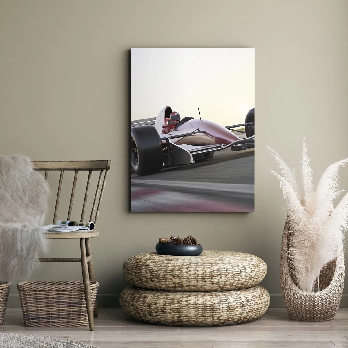 Obraz na płótnie - Czerwony bolid Formuły 1 na torze wyścigowym w trakcie jazdy - 80x120cm - Zawsze zwycięzca - Nowoczesna dekoracja ścienna do salonu i sypialni ARTTOR