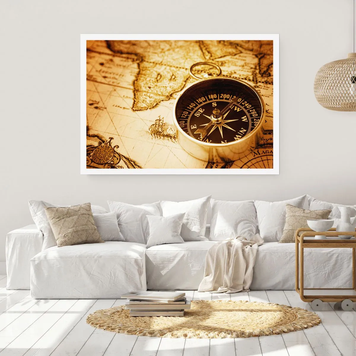 Plakat - Zabytkowy kompas na tle starej mapy świata - 100x70cm - Na wschód czy na zachód? - Nowoczesna dekoracja ścienna do salonu i sypialni ARTTOR