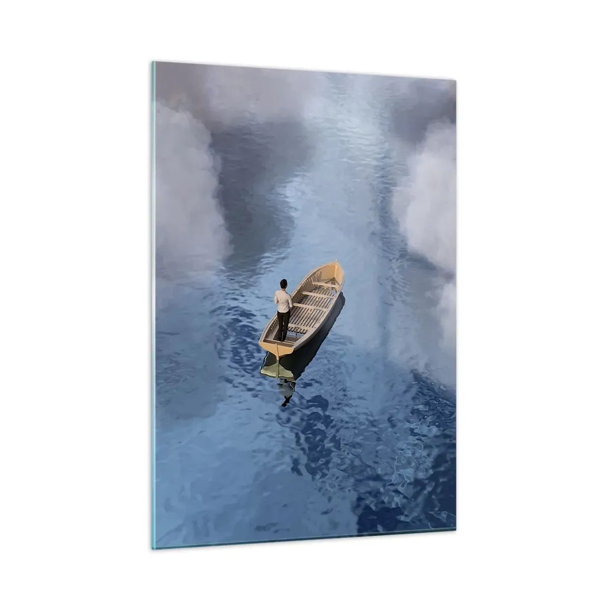 Obraz na szkle - Mężczyzna w łódce płynący przez wodę wśród obłoków - 50x70cm - Życie – podróż – niewiadoma - Nowoczesna dekoracja ścienna do salonu, kuchni i sypialni ARTTOR