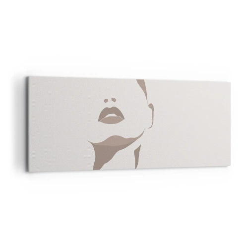 Obraz na płótnie - Minimalistyczny kontur kobiecej twarzy w delikatnych beżach - 120x50cm - Stworzona ze światła i cienia - Nowoczesna dekoracja ścienna do salonu i sypialni ARTTOR