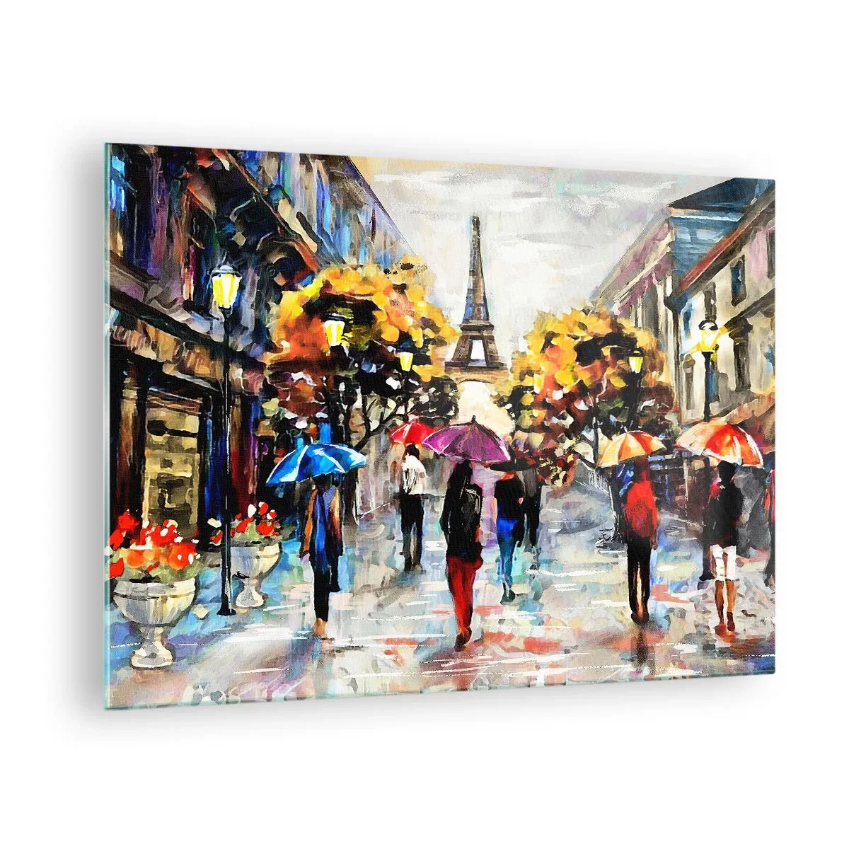 Obraz na szkle - Wieża Eiffla w tle spaceru ludzi pod kolorowymi parasolami - 70x50cm - Jesienią szczególnie piękny - Nowoczesna dekoracja ścienna do salonu i sypialni ARTTOR
