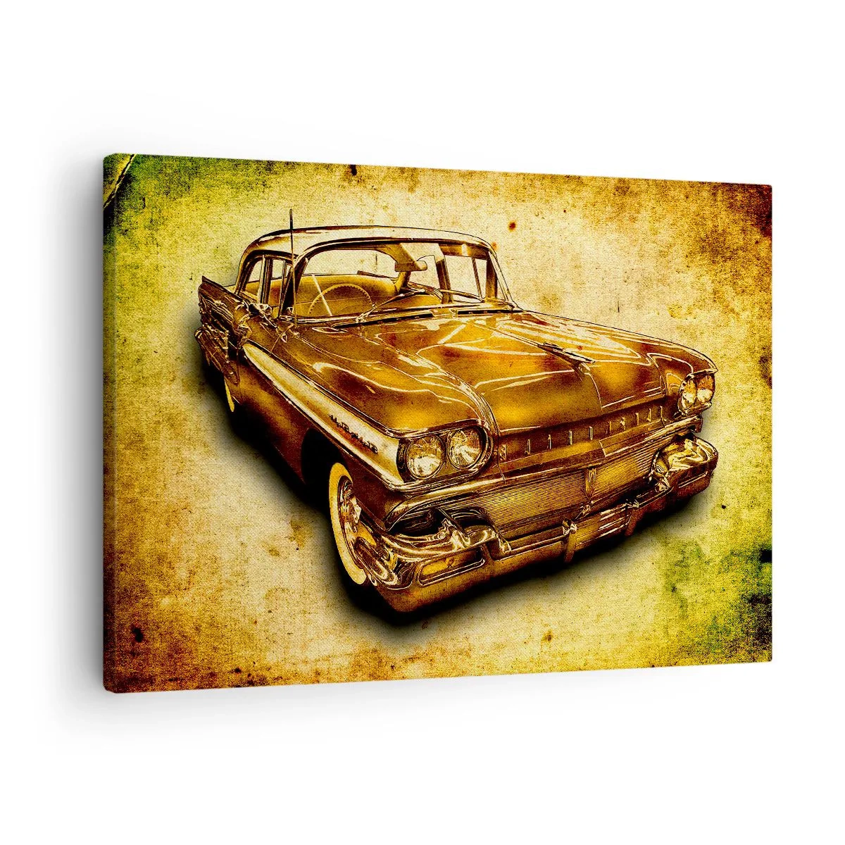 Obraz na płótnie - Złoty klasyczny samochód retro na tle vintage z efektem postarzenia - 70x50cm - Nieprzemijające piękno klasyki - Nowoczesna dekoracja ścienna do salonu i sypialni ARTTOR