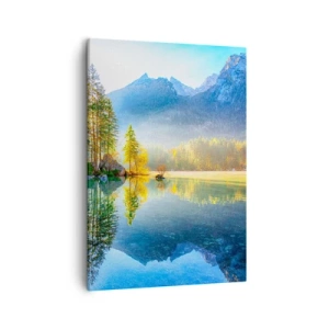 Obraz na płótnie - Malowniczy górski krajobraz z jeziorem odbijającym niebo - 50x70cm - Majestat i słodycz - Nowoczesna dekoracja ścienna do salonu, kuchni i sypialni ARTTOR