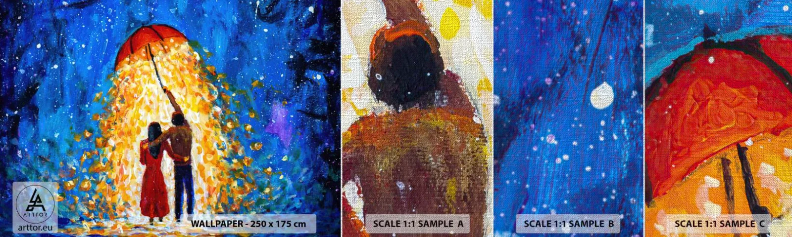 Fototapeta Próbka Premium Canvas - Magia deszczowego wieczoru? - Romantyczny, Para, Miłość - 100x30 cm