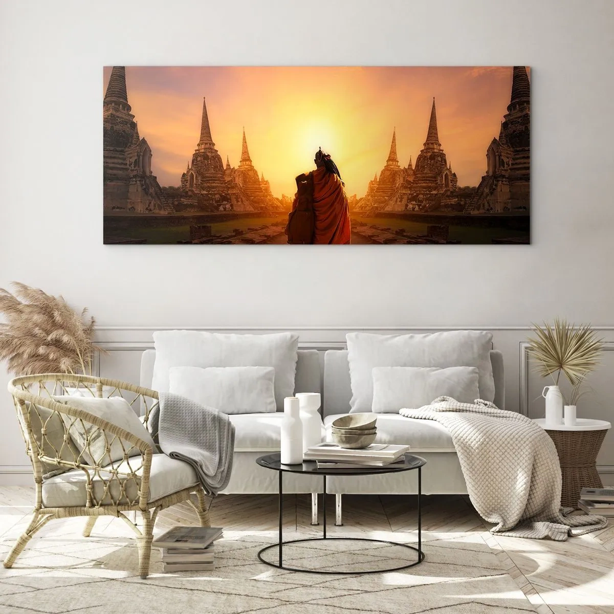 Obraz na szkle - Mnich wśród świątyń o zachodzie słońca - 160x50cm - W spokoju przez wieczność - Nowoczesna dekoracja ścienna do salonu i sypialni ARTTOR
