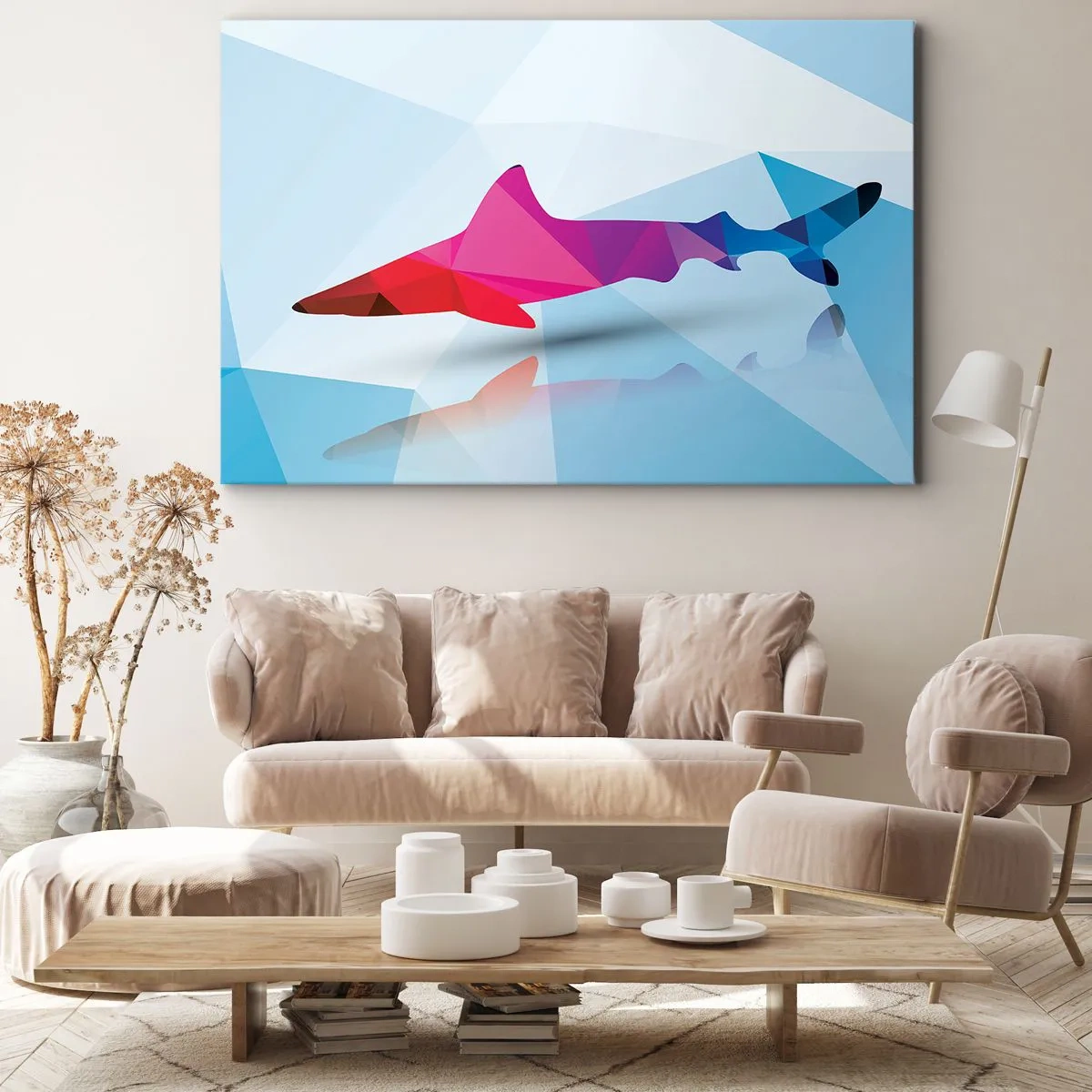 Obraz na płótnie - Geometryczna sylwetka rekina w odcieniach różu i niebieskiego - 70x50cm - Rekin w krystalicznej przestrzeni - Nowoczesna dekoracja ścienna do salonu i sypialni ARTTOR