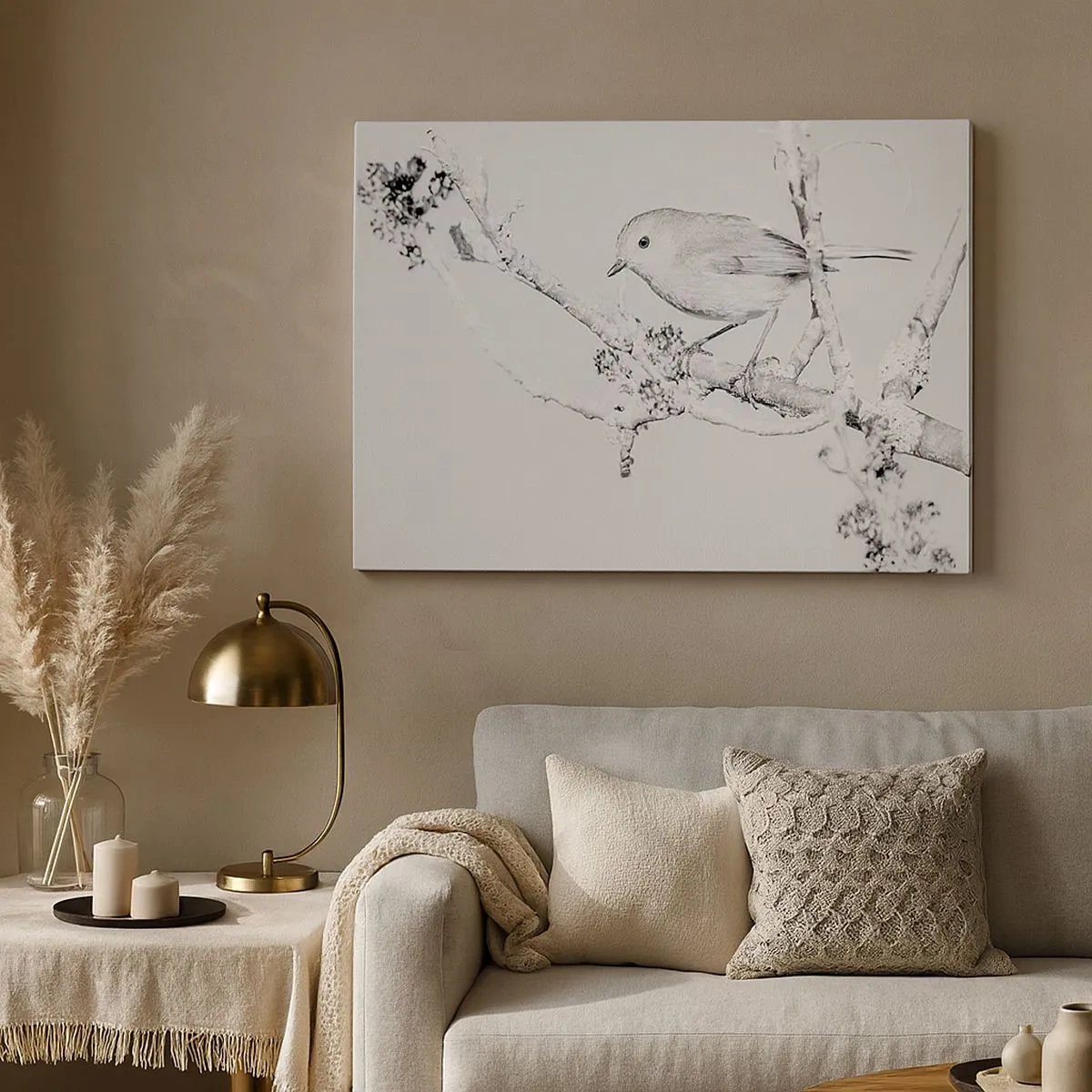 Obraz na płótnie - Ptak na gałęzi w czerni i bieli z minimalistycznym stylem - 70x50cm - Zimowy poranek - Nowoczesna dekoracja ścienna do salonu i sypialni ARTTOR