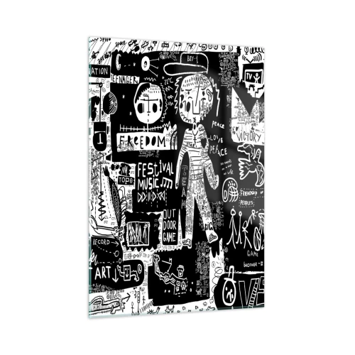 Obraz na szkle - Czarno-biała grafika w stylu street art z postaciami i symbolami - 50x70cm - Duchowej młodości prawa i radości - Nowoczesna dekoracja ścienna do salonu, kuchni i sypialni ARTTOR