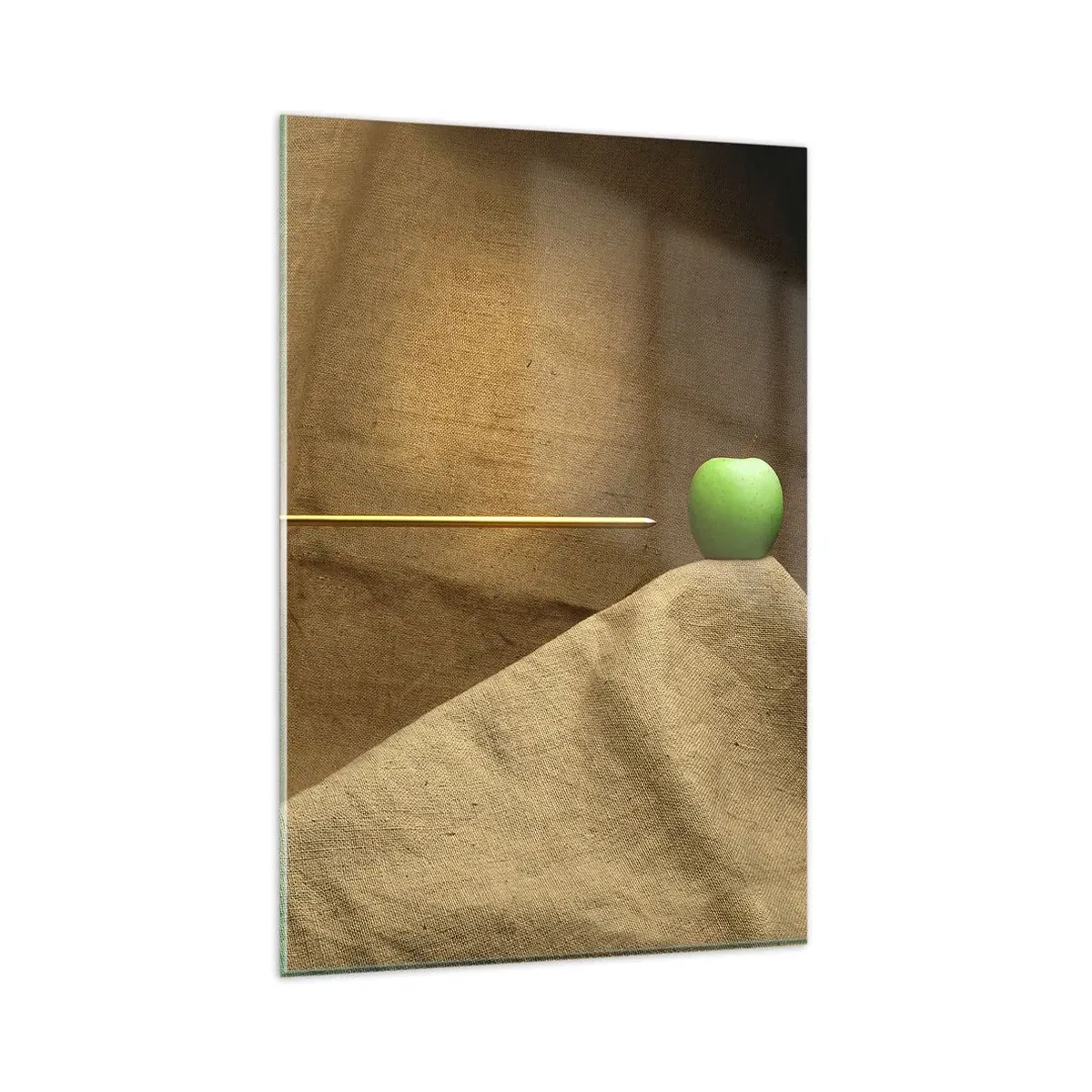 Obraz na szkle - Zielone jabłko na tkaninie ze strzałą tworzącą kompozycję - 80x120cm - Przywołać ducha Wilhelma Tella - Nowoczesna dekoracja ścienna do salonu i sypialni ARTTOR