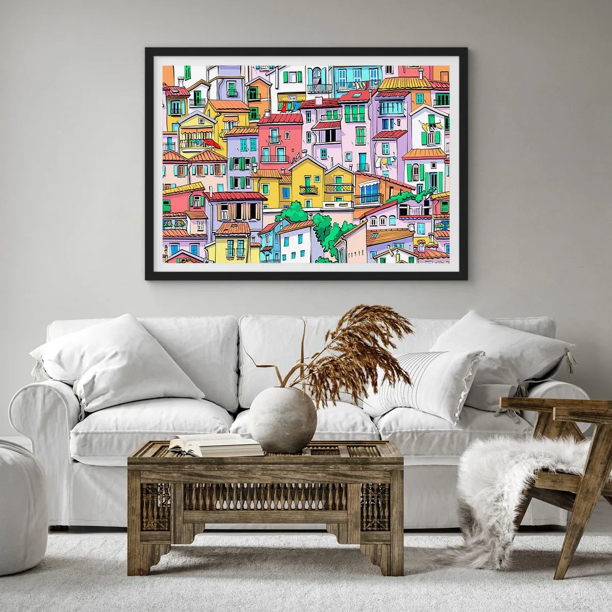 Plakat w czarnej ramie - Kolorowe kamienice w żywej, radosnej stylistyce - 70x50cm - Wesołe miasto - Nowoczesna dekoracja ścienna do salonu i sypialni ARTTOR