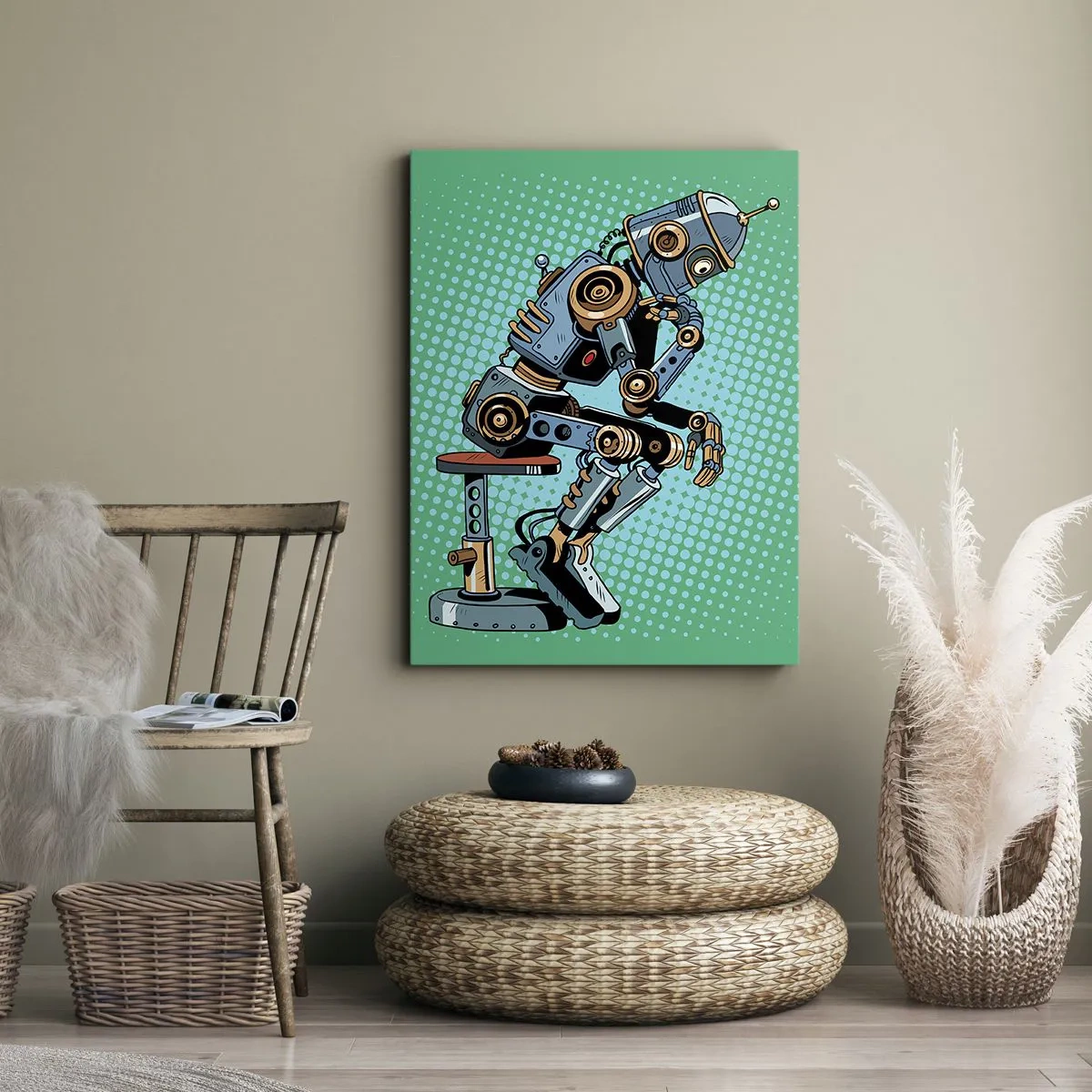 Obraz na płótnie - Robot w stylu retro w pozycji myśliciela na turkusowym tle - 50x70cm - Nad istotą bytu - Nowoczesna dekoracja ścienna do salonu, kuchni i sypialni ARTTOR
