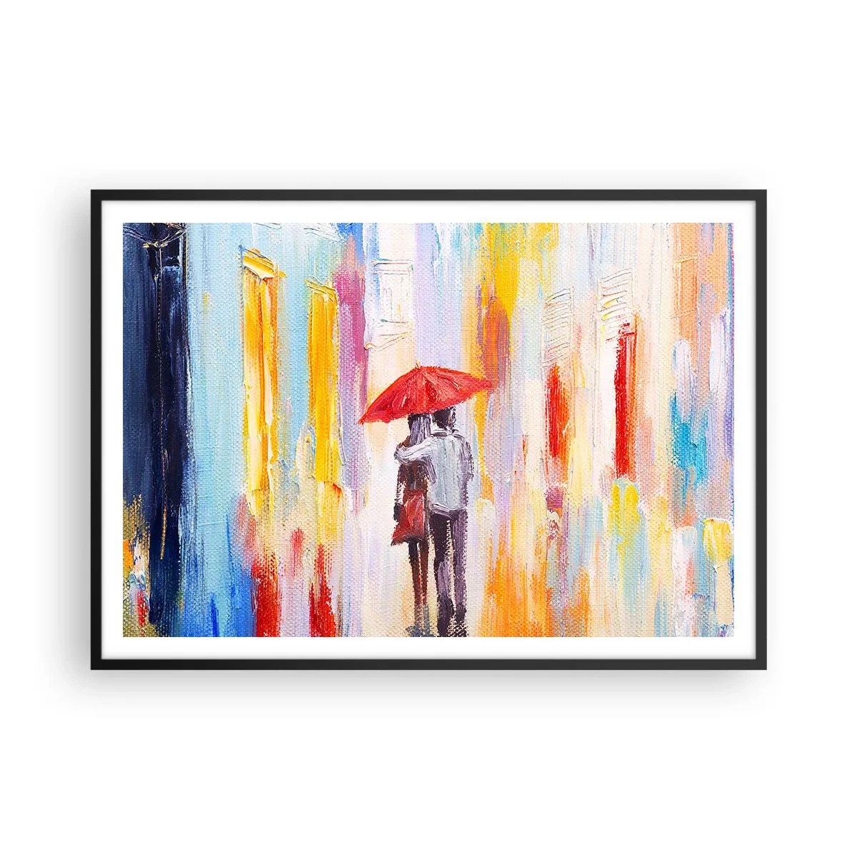 Plakat w czarnej ramie - Para pod czerwoną parasolką na tle kolorowych budynków - 100x70cm - Niech pada dalej - Nowoczesna dekoracja ścienna do salonu i sypialni ARTTOR