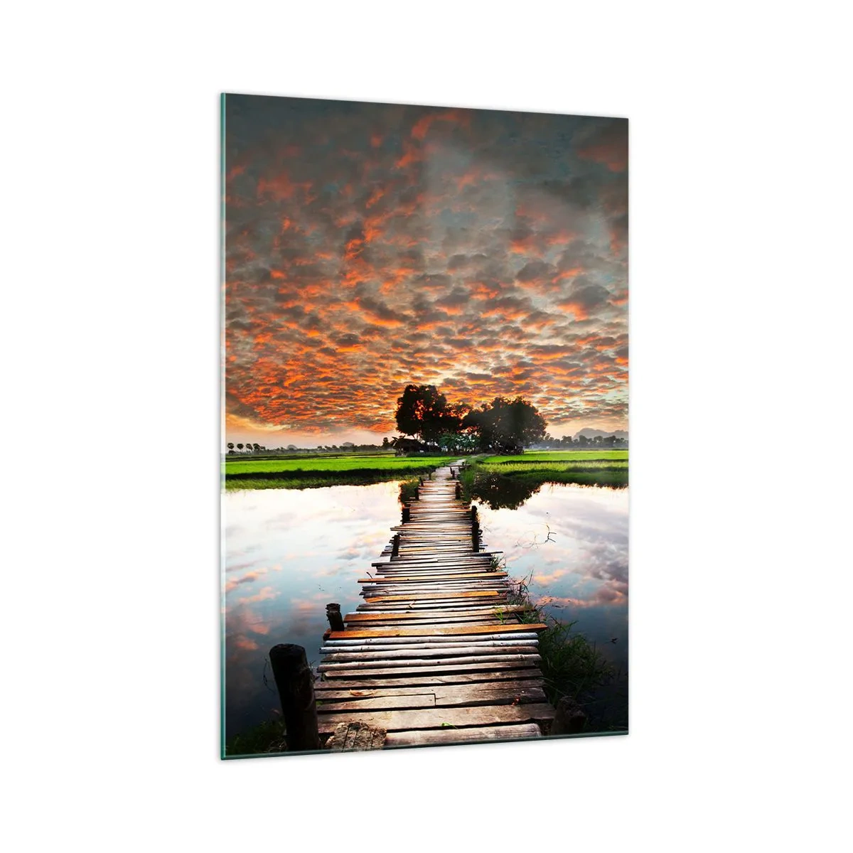 Obraz na szkle - Drewniany mostek nad wodą o zachodzie słońca - 70x100cm - Rozłóż ramiona - oddychaj  - Nowoczesna dekoracja ścienna do salonu i sypialni ARTTOR