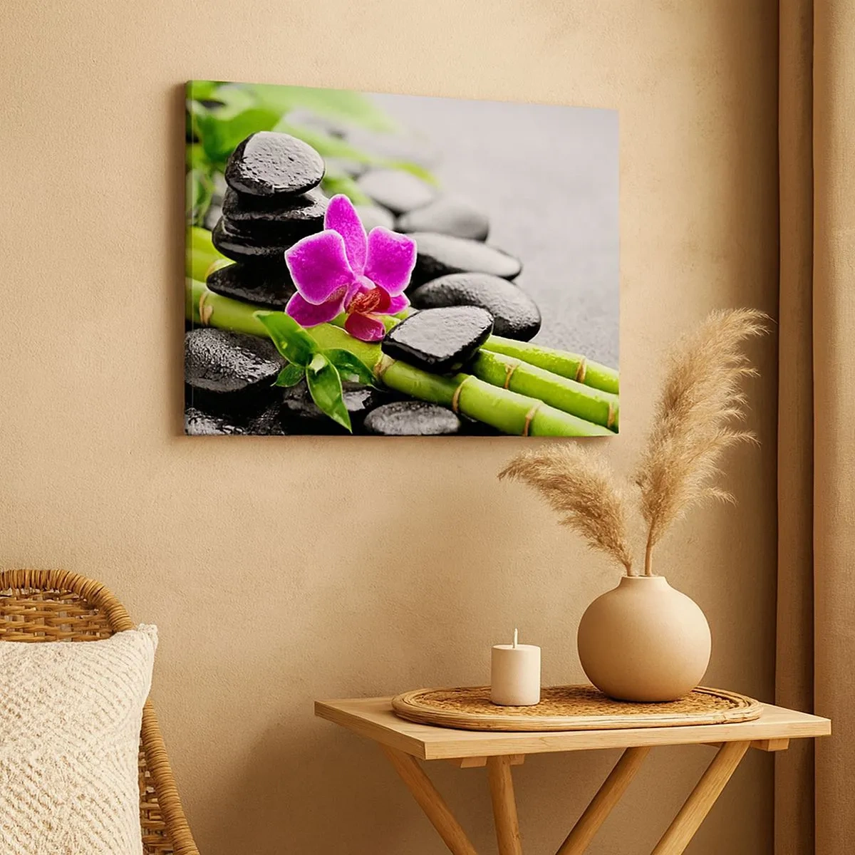 Obraz na płótnie - Fioletowa orchidea, czarne kamienie i bambus w spokojnej kompozycji - 70x50cm - W spokojnej równowadze - Nowoczesna dekoracja ścienna do salonu i sypialni ARTTOR