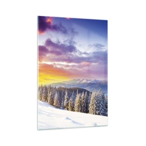 Obraz na szkle - Zimowy krajobraz z górami i lasem o zachodzie słońca - 70x100cm - W biały dzień - Nowoczesna dekoracja ścienna do salonu i sypialni ARTTOR