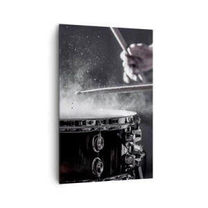 Obraz na płótnie - Uderzenie pałeczkami w werbel z efektem pyłu - 80x120cm - Puls muzyki - Nowoczesna dekoracja ścienna do salonu i sypialni ARTTOR