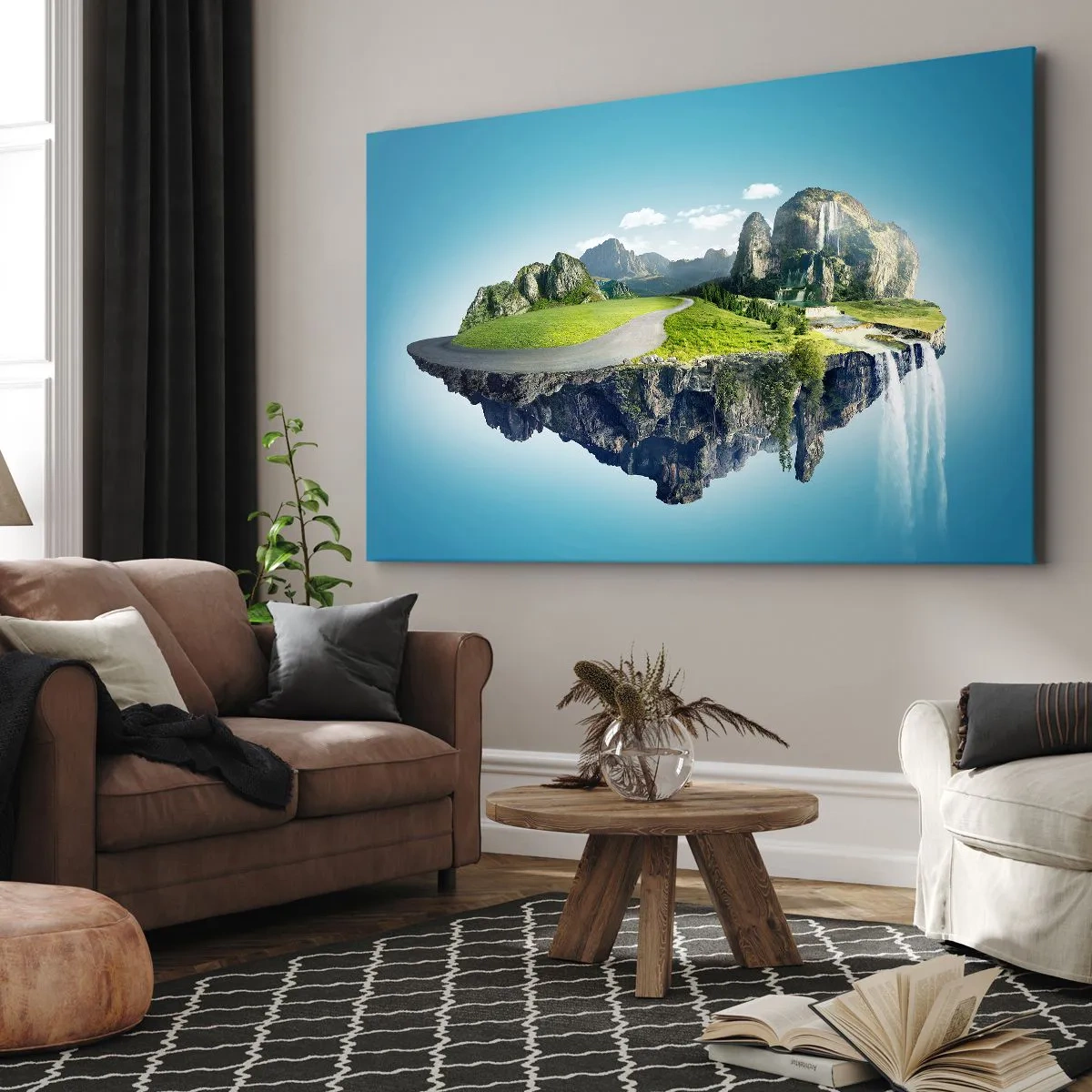 Obraz na płótnie - Latająca wyspa z górami i wodospadami - 70x50cm - Fantastyczna wyspa - Nowoczesna dekoracja ścienna do salonu i sypialni ARTTOR