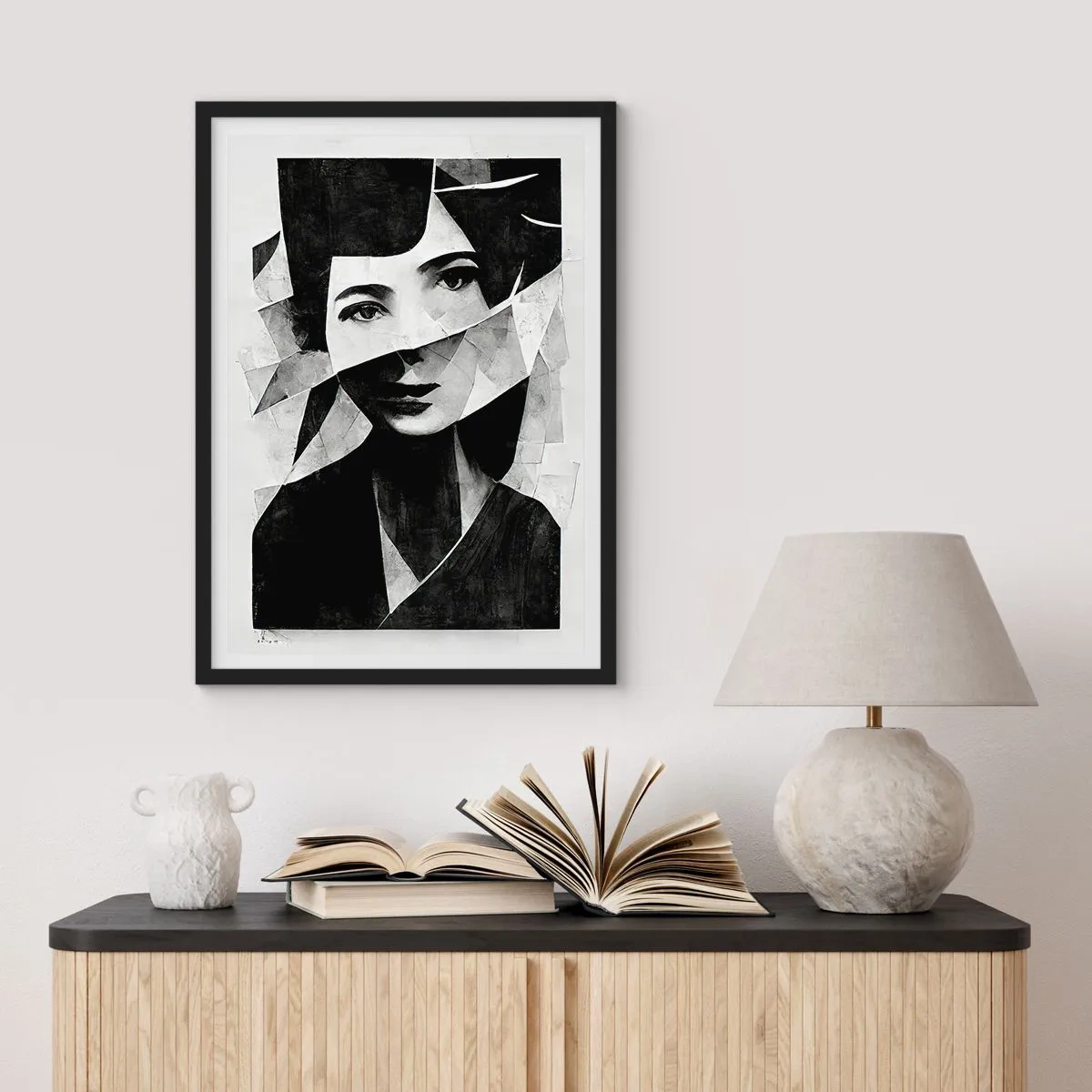 Plakat w czarnej ramie - Portret kobiety w abstrakcyjnej kompozycji - 50x70cm - Naprawdę jaka jesteś… - Nowoczesna dekoracja ścienna do salonu i sypialni ARTTOR